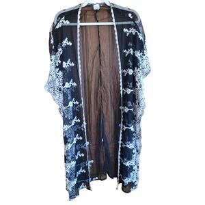 Kimono Black Mesh White Lace Size S/M Sheer Lingerie or Swim Cover Up Beachy